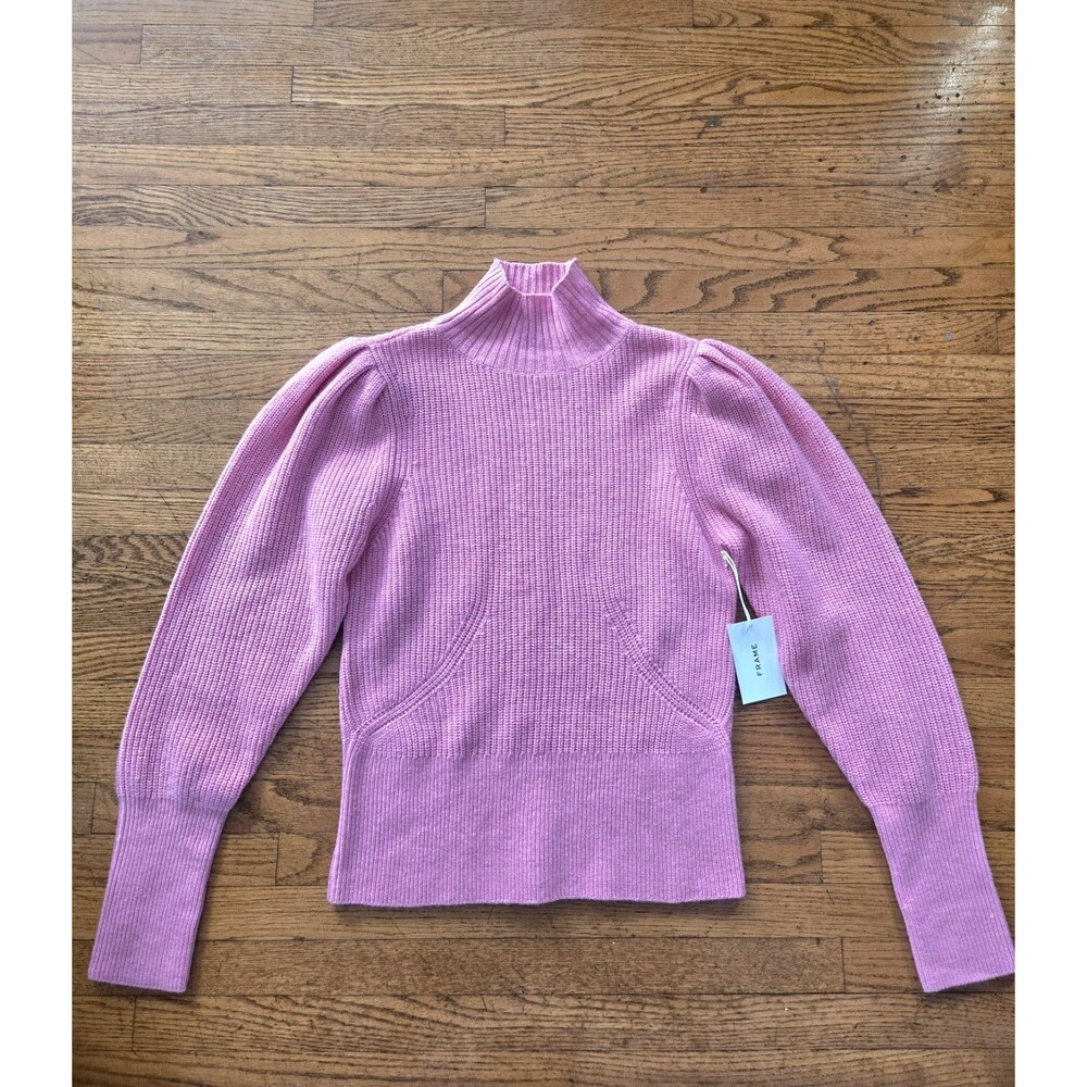 Frame Noir Wool Cashmere Puff Sleeve Mock Neck Sweater Pink Size Large NWT